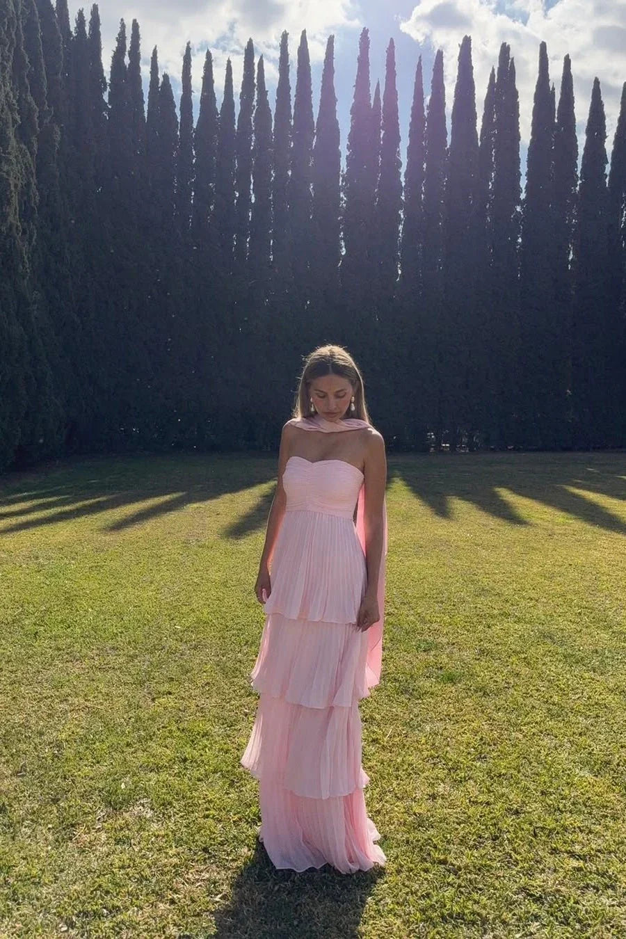 Vestido Largo Sin Tirantes con Volantes para Mujeres - Invitada de Boda, Fiesta en Jardín, Ceremonia, Gala de Noche – Odessa Rosa Blush
