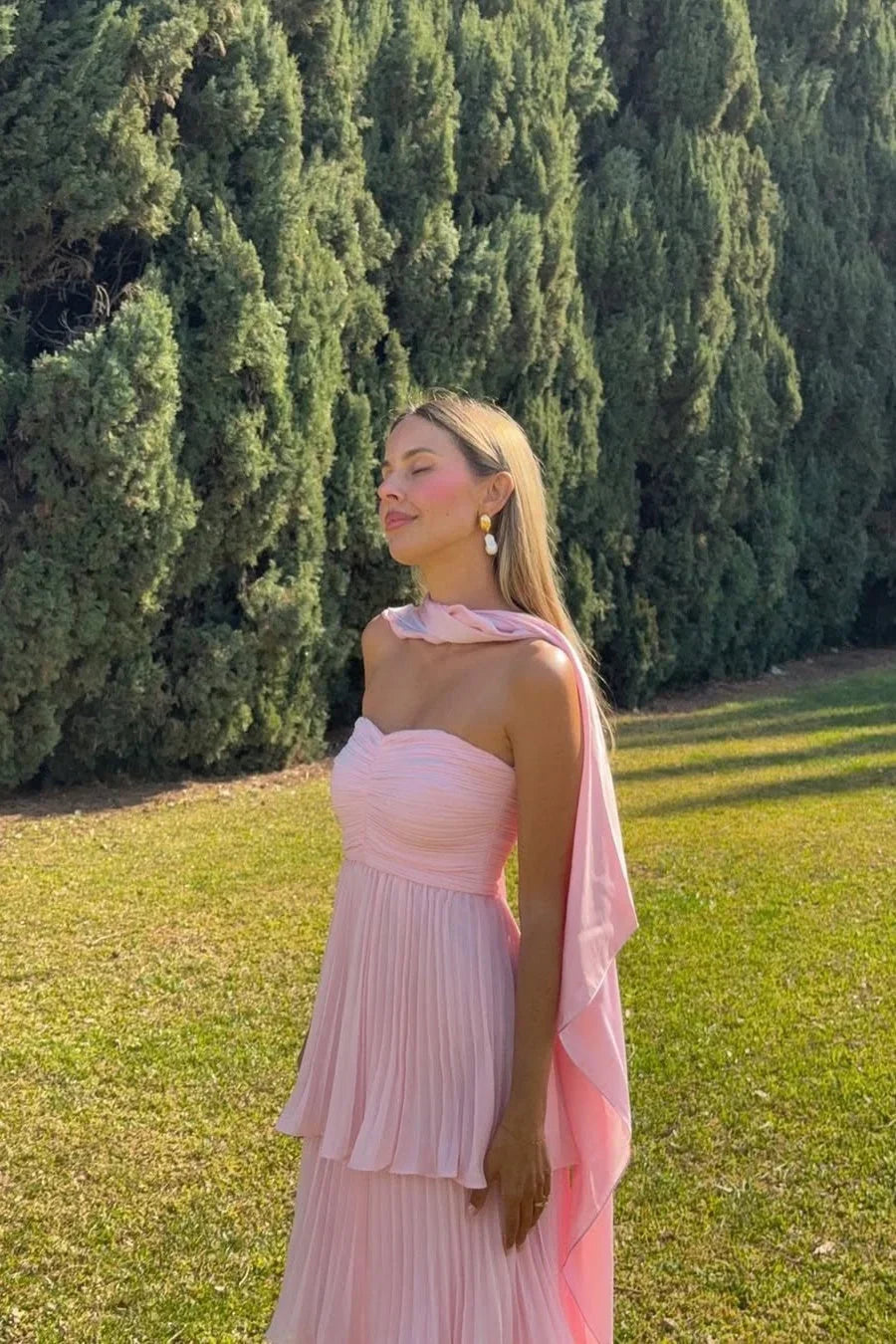 Vestido Largo Sin Tirantes con Volantes para Mujeres - Invitada de Boda, Fiesta en Jardín, Ceremonia, Gala de Noche – Odessa Rosa Blush