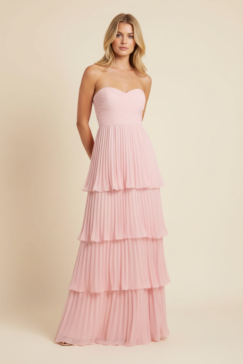Vestido Largo Sin Tirantes con Volantes para Mujeres - Invitada de Boda, Fiesta en Jardín, Ceremonia, Gala de Noche – Odessa Rosa Blush
