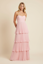 Vestido Largo Sin Tirantes con Volantes para Mujeres - Invitada de Boda, Fiesta en Jardín, Ceremonia, Gala de Noche – Odessa Rosa Blush