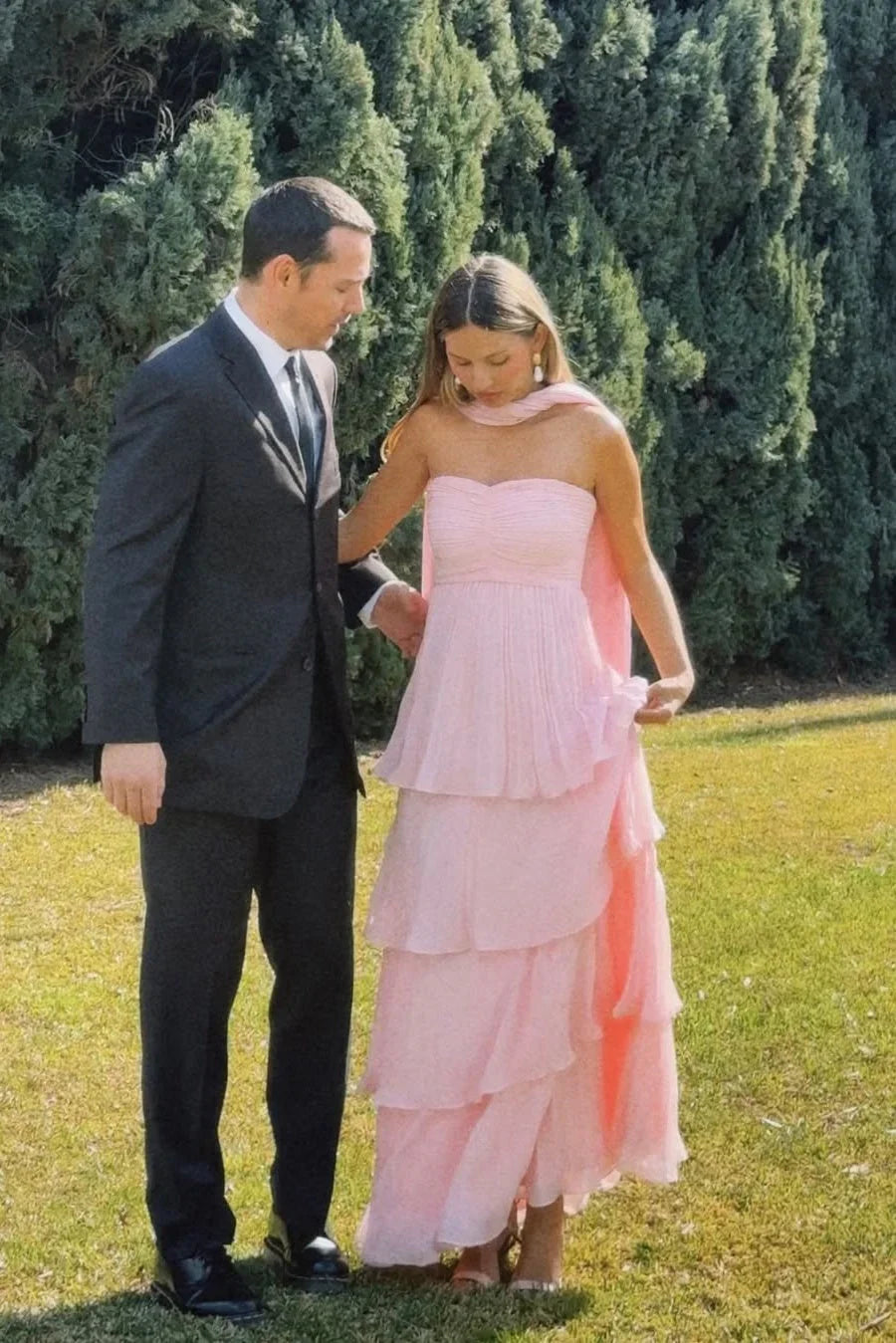 Vestido Largo Sin Tirantes con Volantes para Mujeres - Invitada de Boda, Fiesta en Jardín, Ceremonia, Gala de Noche – Odessa Rosa Blush