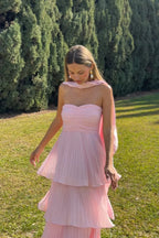 Vestido Largo Sin Tirantes con Volantes para Mujeres - Invitada de Boda, Fiesta en Jardín, Ceremonia, Gala de Noche – Odessa Rosa Blush