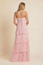 Vestido Largo Sin Tirantes con Volantes para Mujeres - Invitada de Boda, Fiesta en Jardín, Ceremonia, Gala de Noche – Odessa Rosa Blush
