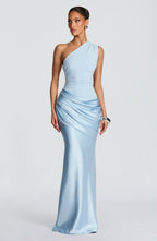 Vestido Largo Elegante de Satén con Un Solo Hombro y Cuerpo de Crepé para Invitadas de Boda – Ophelia Chocolate