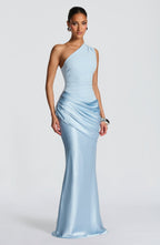 Vestido Largo Elegante de Satén con Un Solo Hombro y Cuerpo de Crepé para Invitadas de Boda – Ophelia Chocolate