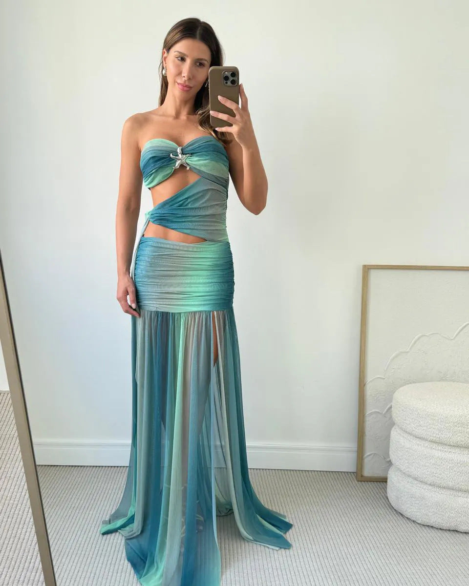 Vestido de Fiesta de Verano para Mujeres Sin Mangas con Corte de Malla Largo Fluido A-Line Relajado Elegante – Wren