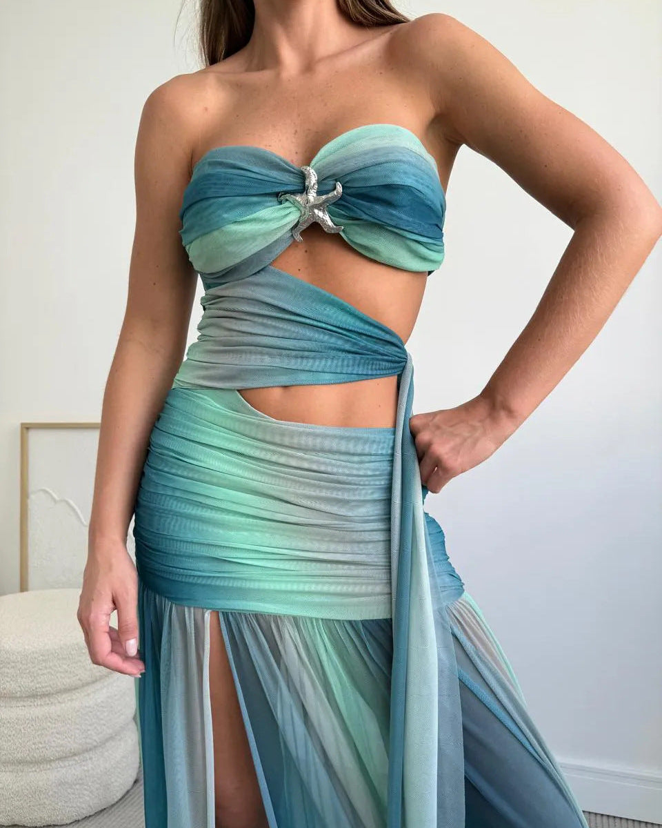 Vestido de Fiesta de Verano para Mujeres Sin Mangas con Corte de Malla Largo Fluido A-Line Relajado Elegante – Wren