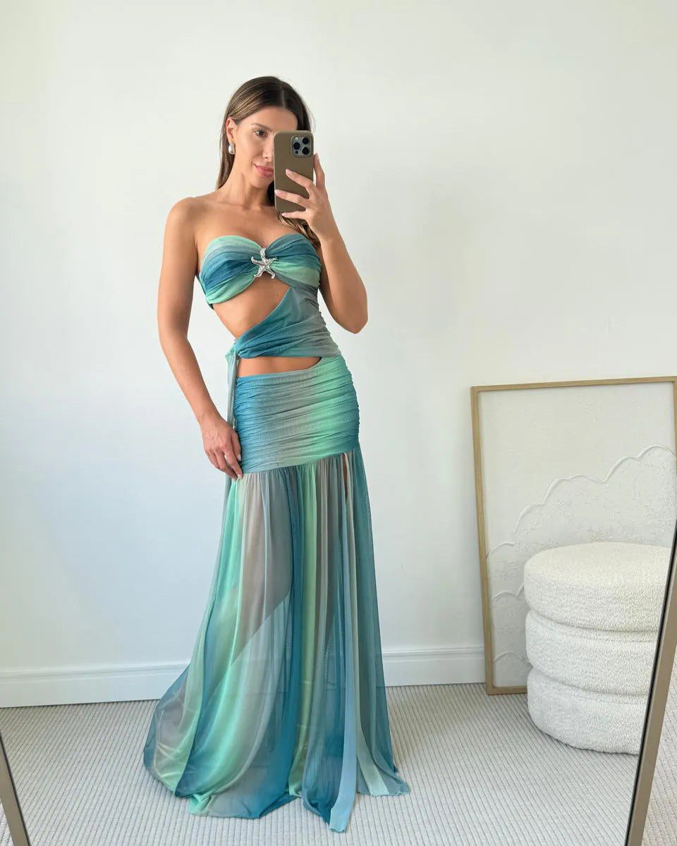 Vestido de Fiesta de Verano para Mujeres Sin Mangas con Corte de Malla Largo Fluido A-Line Relajado Elegante – Wren