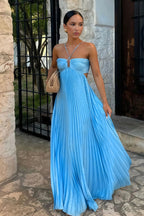 Vestido Largo Plisado de Halter para Mujeres, Formal, Prom, Invitada de Boda, Gala, Ceremonia, Noche Elegante, Espalda Descubierta – Luella