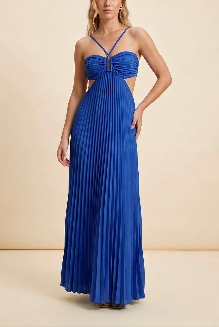 Vestido Largo Plisado de Halter para Mujeres, Formal, Prom, Invitada de Boda, Gala, Ceremonia, Noche Elegante, Espalda Descubierta – Luella