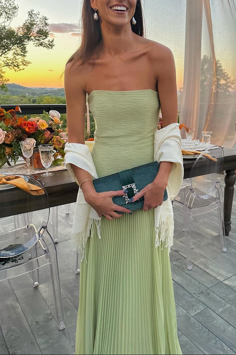 Vestido Largo Sin Tirantes con Cintura Caída para Invitadas a Bodas, Fiestas en Jardín, Ceremonias y Galas de Verano – Skyla Verde Salvia