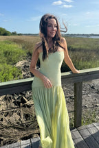 Vestido Largo Sin Tirantes con Cintura Caída para Invitadas a Bodas, Fiestas en Jardín, Ceremonias y Galas de Verano – Skyla Verde Salvia