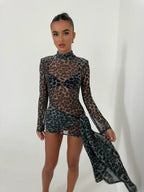 Vestido Mini de Manga Larga de Malla para Mujeres, Ajustado y Asimétrico, Perfecto para Fiestas Nocturnas, Cumpleaños, Verano – Tess