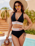 Conjunto de Bikini Halter de Control de Abdomen de Cintura Alta para Mujeres con Banda Tejida y Lazos Lateral para Playa, Piscina, Vacaciones, Resort Verano – Burdeos Verde Negro