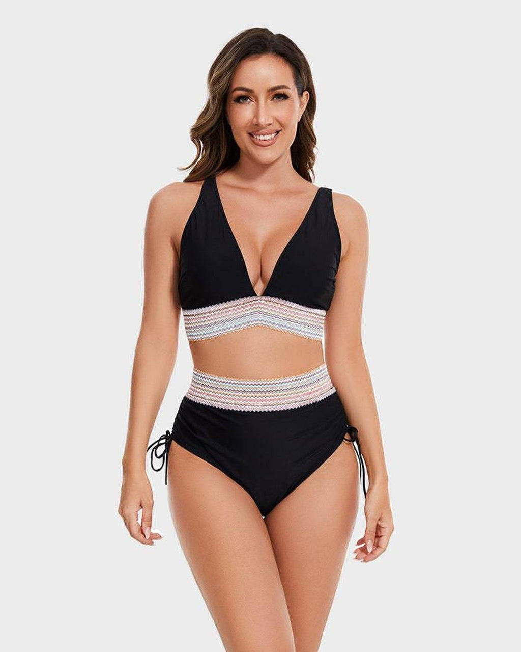Conjunto de Bikini Halter de Control de Abdomen de Cintura Alta para Mujeres con Banda Tejida y Lazos Lateral para Playa, Piscina, Vacaciones, Resort Verano – Burdeos Verde Negro