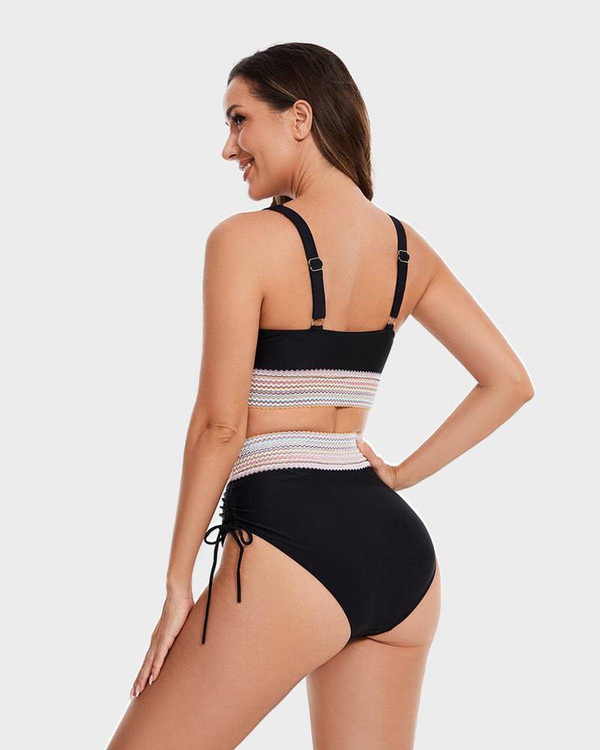 Conjunto de Bikini Halter de Control de Abdomen de Cintura Alta para Mujeres con Banda Tejida y Lazos Lateral para Playa, Piscina, Vacaciones, Resort Verano – Burdeos Verde Negro