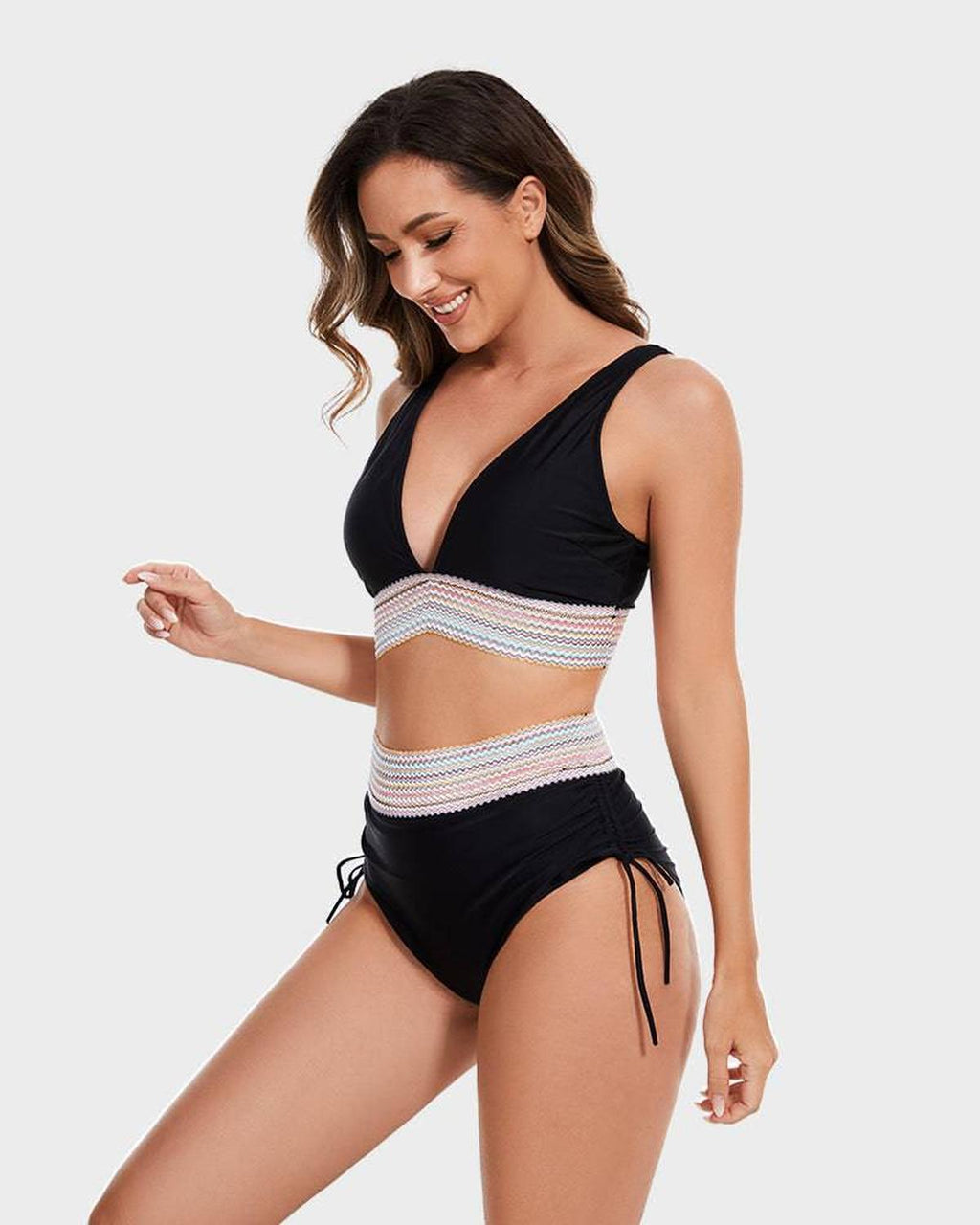 Conjunto de Bikini Halter de Control de Abdomen de Cintura Alta para Mujeres con Banda Tejida y Lazos Lateral para Playa, Piscina, Vacaciones, Resort Verano – Burdeos Verde Negro