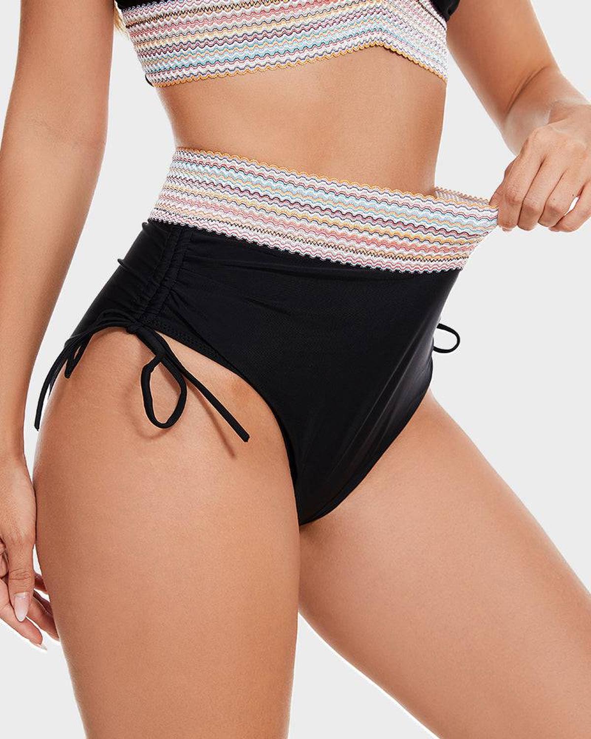 Conjunto de Bikini Halter de Control de Abdomen de Cintura Alta para Mujeres con Banda Tejida y Lazos Lateral para Playa, Piscina, Vacaciones, Resort Verano – Burdeos Verde Negro
