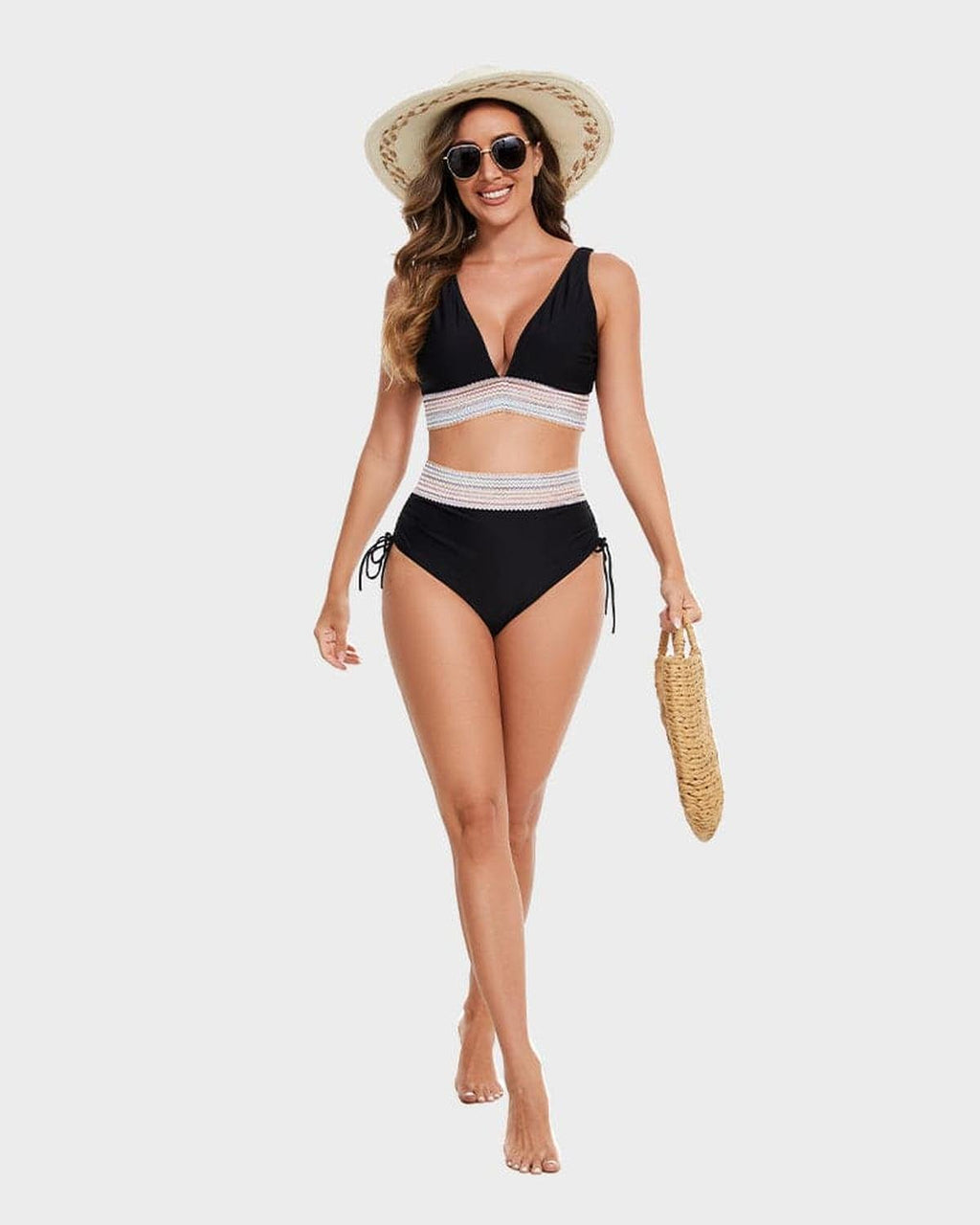 Conjunto de Bikini Halter de Control de Abdomen de Cintura Alta para Mujeres con Banda Tejida y Lazos Lateral para Playa, Piscina, Vacaciones, Resort Verano – Burdeos Verde Negro