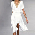 Vestido Midi Envolvente Elegante de V-Cuello para Mujeres con Mangas Cortas Sostenible Casual de Fiesta para Verano – Isabella Blanco