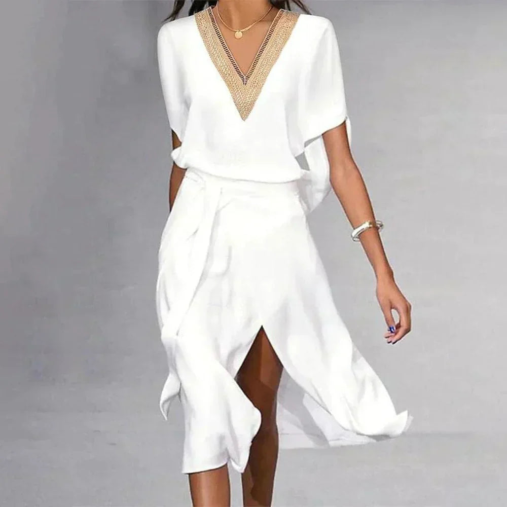 Vestido Midi Envolvente Elegante de V-Cuello para Mujeres con Mangas Cortas Sostenible Casual de Fiesta para Verano – Isabella Blanco