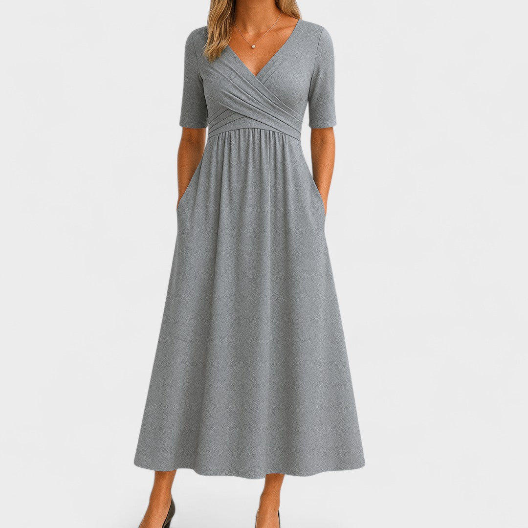 Vestido Midi Chic de Cuello en V para Mujeres Estilo Envoltura Elegante para Bodas Cóctel Casual Cena Formal – Jessica