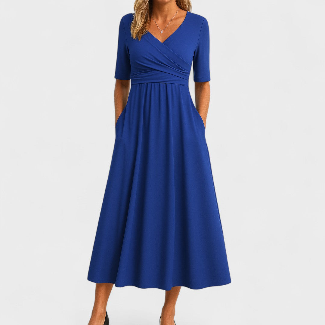 Vestido Midi Chic de Cuello en V para Mujeres Estilo Envoltura Elegante para Bodas Cóctel Casual Cena Formal – Jessica