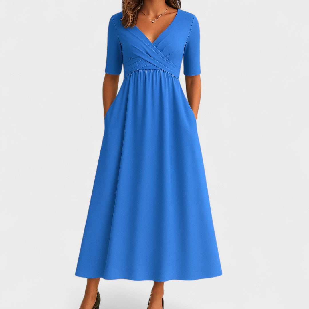 Vestido Midi Chic de Cuello en V para Mujeres Estilo Envoltura Elegante para Bodas Cóctel Casual Cena Formal – Jessica