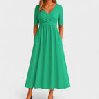 Vestido Midi Chic de Cuello en V para Mujeres Estilo Envoltura Elegante para Bodas Cóctel Casual Cena Formal – Jessica