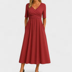 Vestido Midi de Jersey con Escote en V y Manga Corta para Mujer, Invitada de Boda, Formal, Elegante, Casual, Envoltura – Jessica
