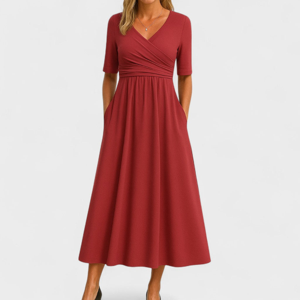 Vestido Midi Chic de Cuello en V para Mujeres Estilo Envoltura Elegante para Bodas Cóctel Casual Cena Formal – Jessica