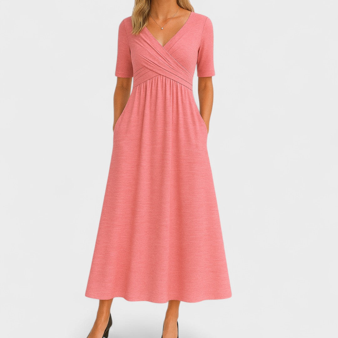 Vestido Midi de Jersey con Escote en V y Manga Corta para Mujer, Invitada de Boda, Formal, Elegante, Casual, Envoltura – Jessica