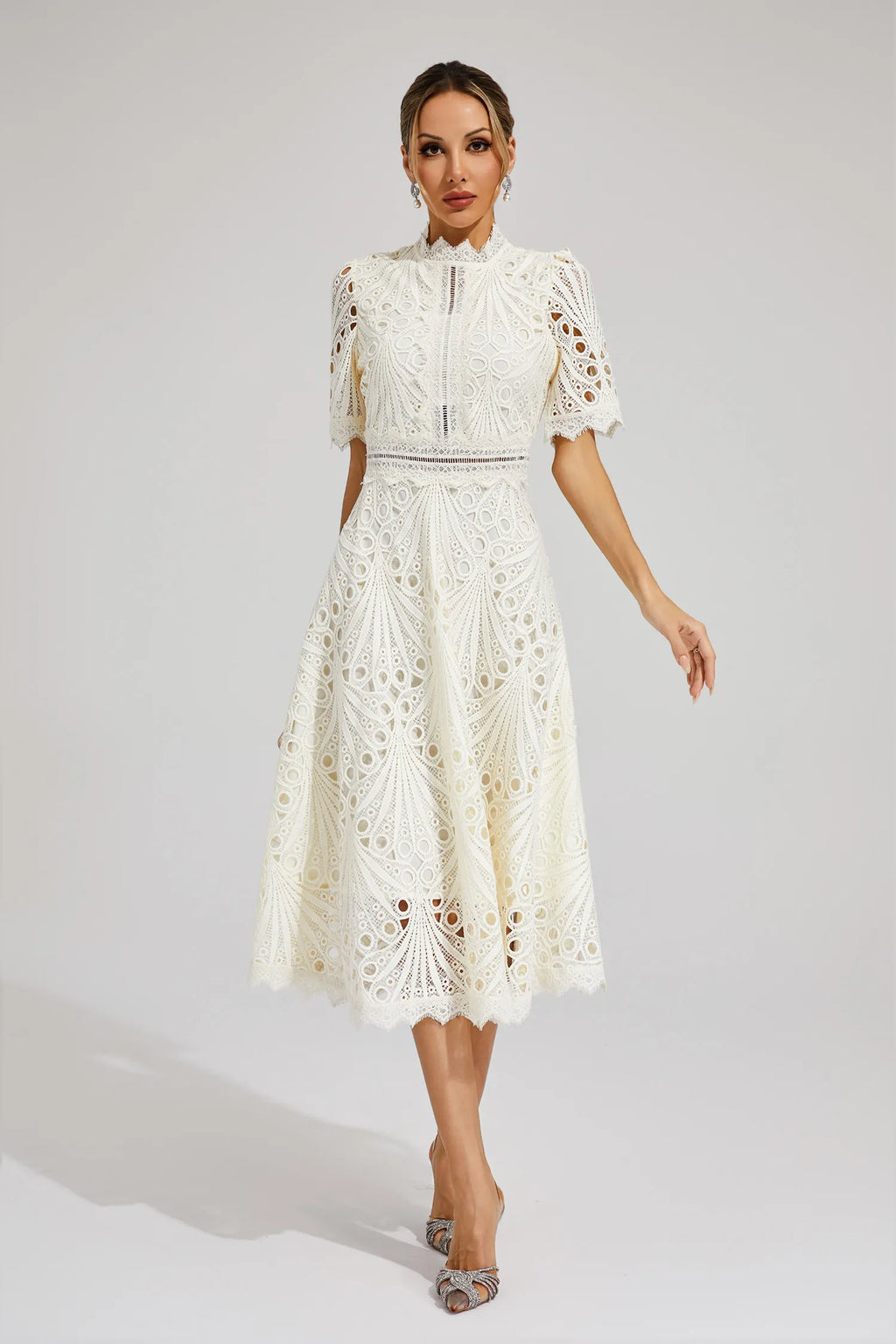 Vestido Midi de Encaje de Manga Corta para Mujer, Invitada de Boda, Verano, Formal, Elegante, Escote Redondo