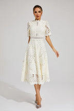 Vestido Midi de Encaje de Manga Corta para Mujer, Invitada de Boda, Verano, Formal, Elegante, Escote Redondo