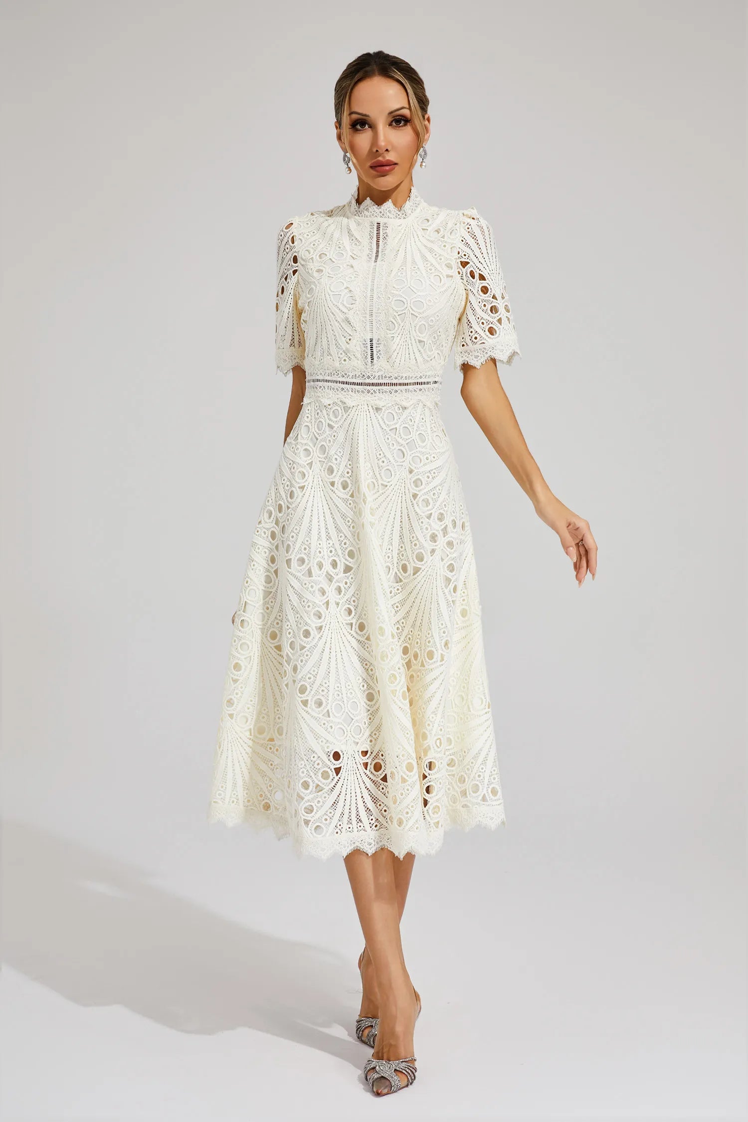 Vestido Midi de Encaje de Manga Corta para Mujer, Invitada de Boda, Verano, Formal, Elegante, Escote Redondo