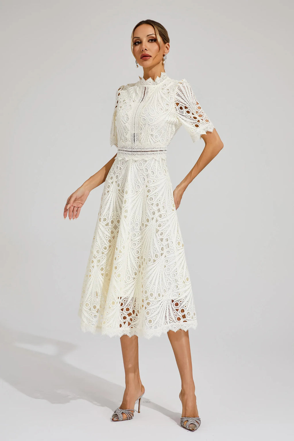 Vestido Midi de Encaje de Manga Corta para Mujer, Invitada de Boda, Verano, Formal, Elegante, Escote Redondo