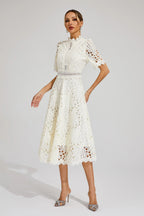 Vestido Midi de Encaje de Manga Corta para Mujer, Invitada de Boda, Verano, Formal, Elegante, Escote Redondo