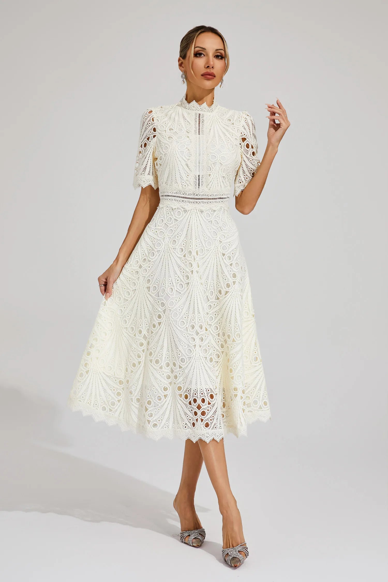 Vestido Midi de Encaje de Manga Corta para Mujer, Invitada de Boda, Verano, Formal, Elegante, Escote Redondo