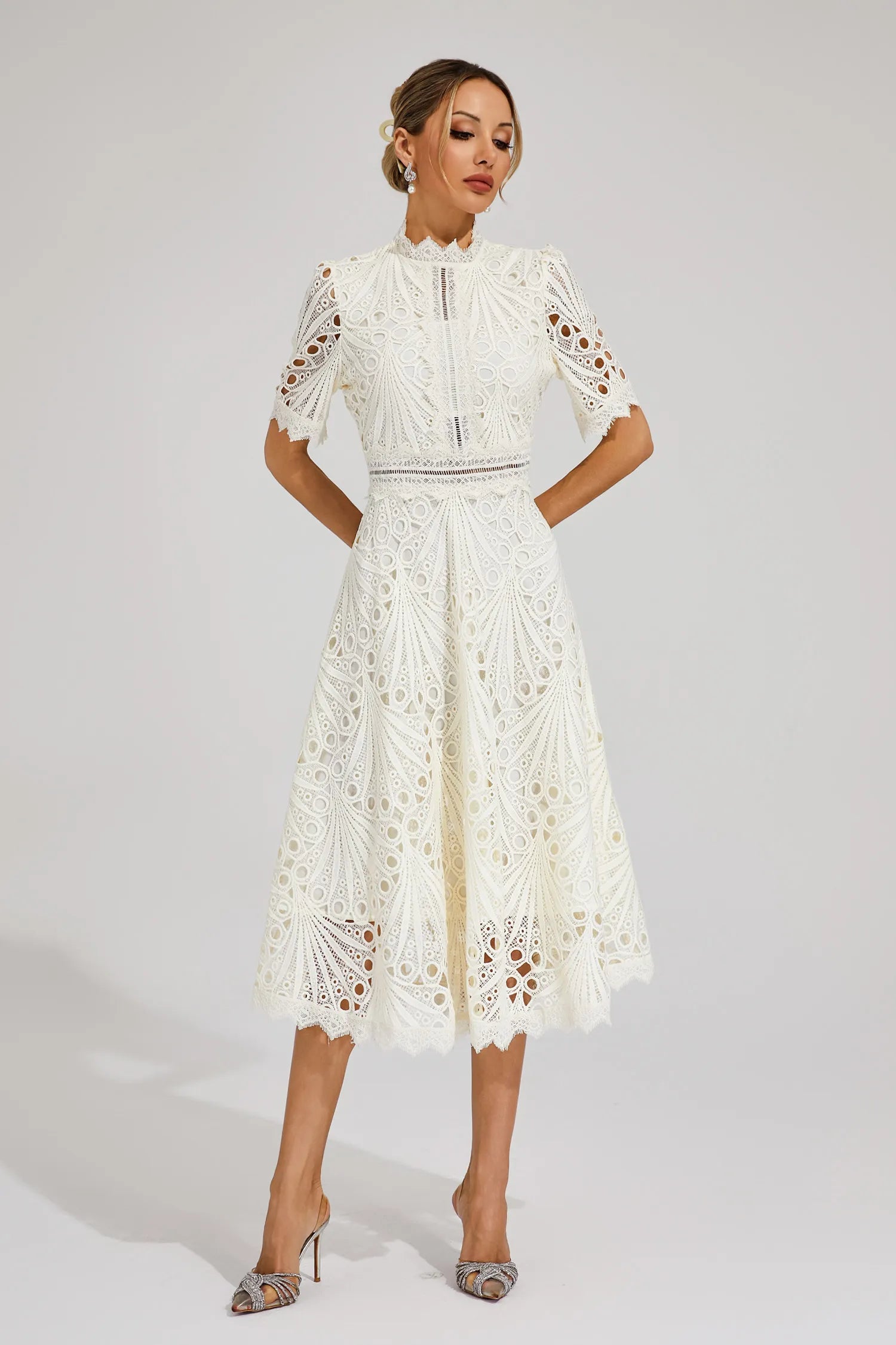 Vestido Midi de Encaje de Manga Corta para Mujer, Invitada de Boda, Verano, Formal, Elegante, Escote Redondo