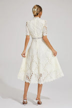 Vestido Midi de Encaje de Manga Corta para Mujer, Invitada de Boda, Verano, Formal, Elegante, Escote Redondo