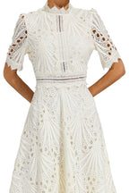 Vestido Midi de Encaje de Manga Corta para Mujer, Invitada de Boda, Verano, Formal, Elegante, Escote Redondo