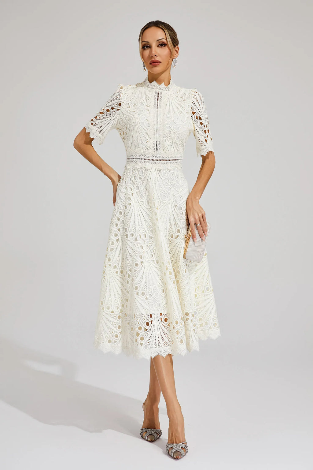 Vestido Midi de Encaje de Manga Corta para Mujer, Invitada de Boda, Verano, Formal, Elegante, Escote Redondo