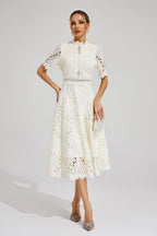 Vestido Midi de Encaje de Manga Corta para Mujer, Invitada de Boda, Verano, Formal, Elegante, Escote Redondo