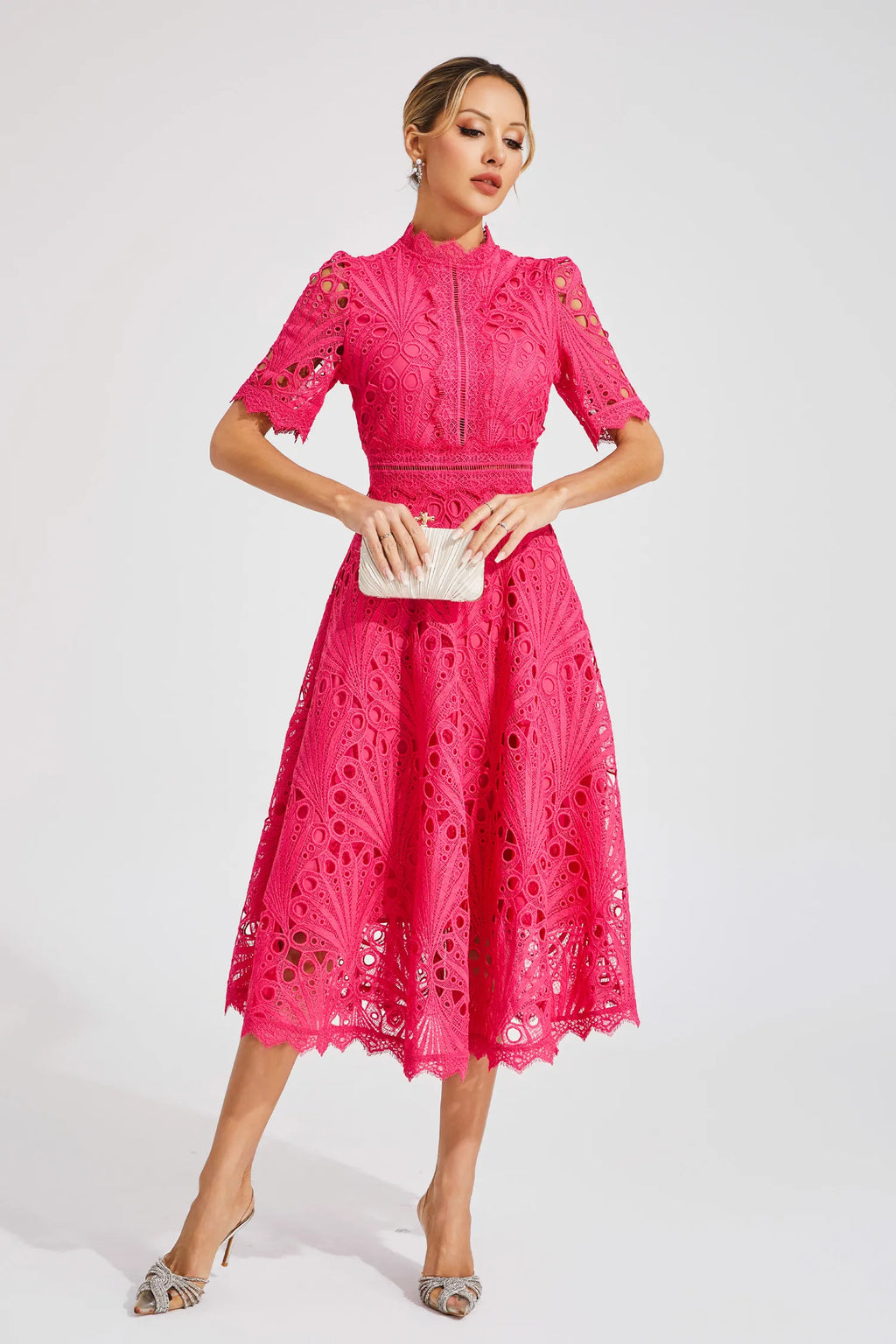Vestido Midi de Encaje de Manga Corta para Mujer, Invitada de Boda, Verano, Formal, Elegante, Escote Redondo