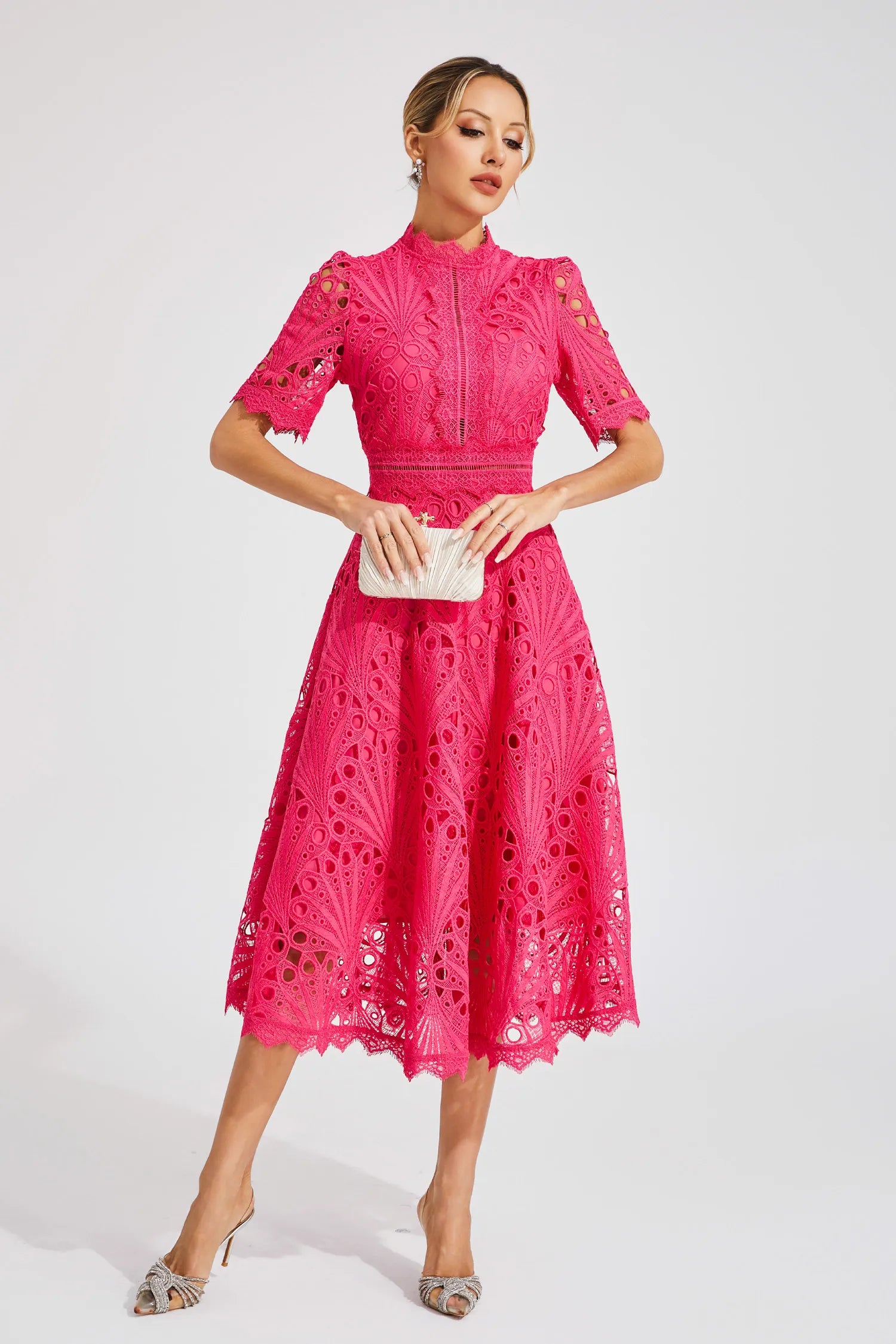 Vestido Midi de Encaje de Manga Corta para Mujer, Invitada de Boda, Verano, Formal, Elegante, Escote Redondo