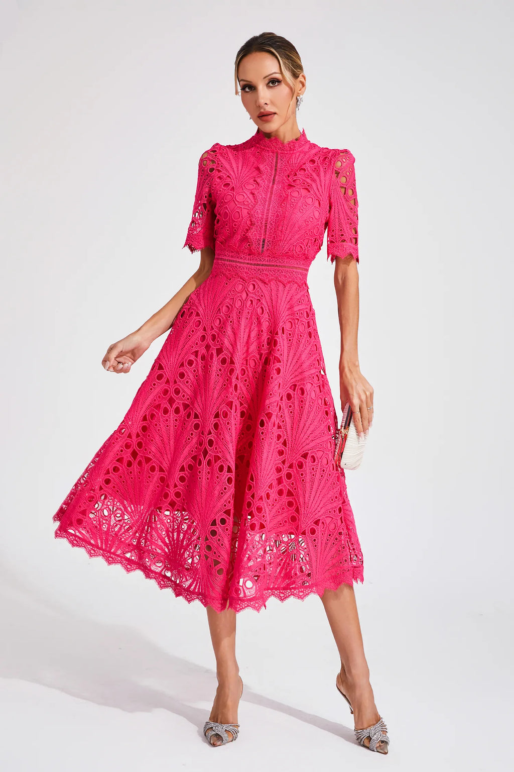 Vestido Midi de Encaje de Manga Corta para Mujer, Invitada de Boda, Verano, Formal, Elegante, Escote Redondo