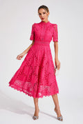 Vestido Midi de Encaje de Manga Corta para Mujer, Invitada de Boda, Verano, Formal, Elegante, Escote Redondo