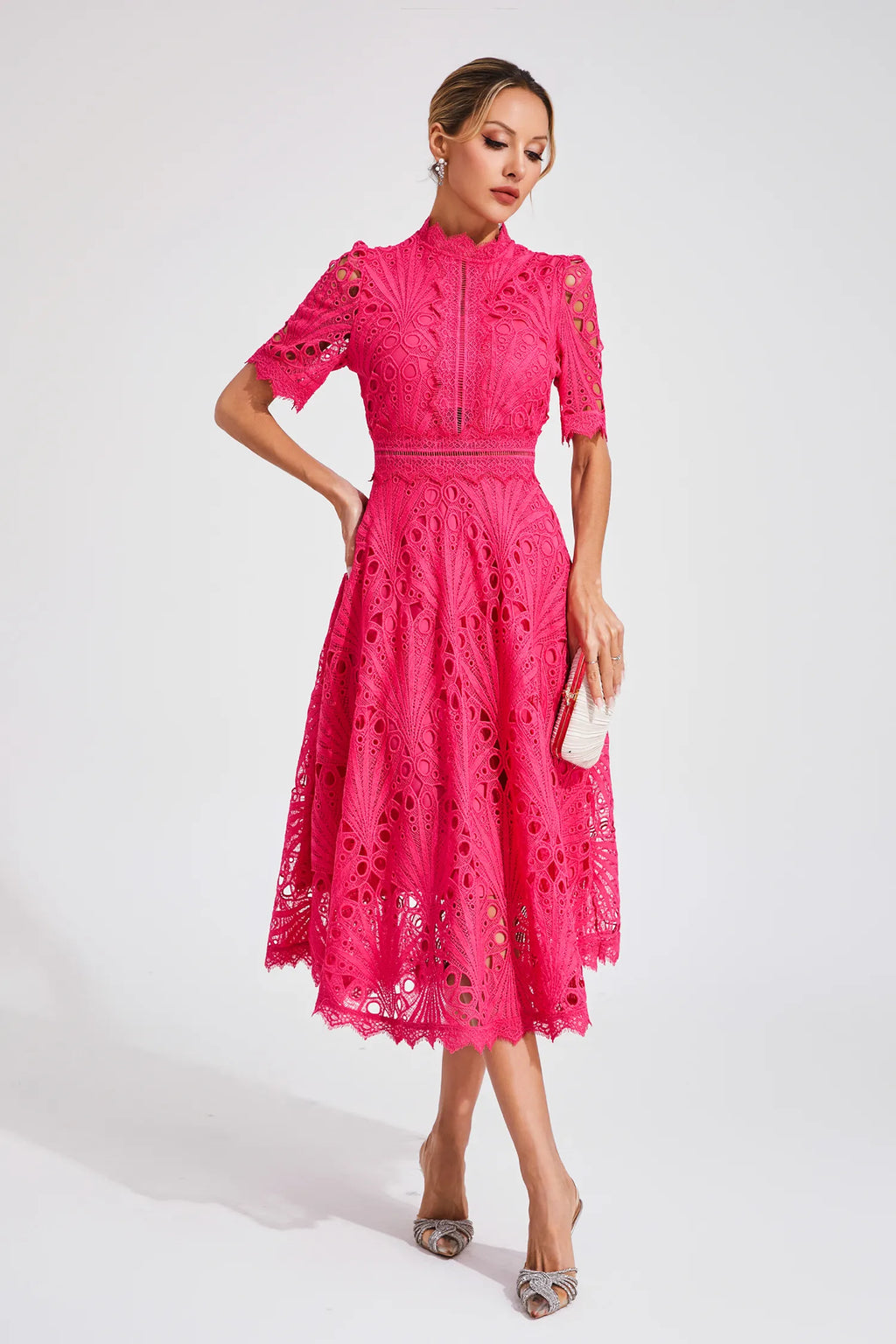 Vestido Midi de Encaje de Manga Corta para Mujer, Invitada de Boda, Verano, Formal, Elegante, Escote Redondo