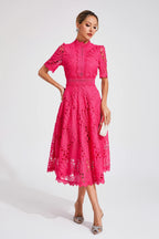 Vestido Midi de Encaje de Manga Corta para Mujer, Invitada de Boda, Verano, Formal, Elegante, Escote Redondo