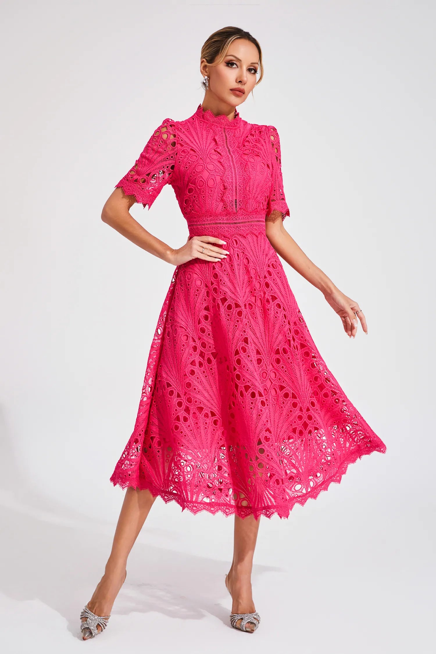 Vestido Midi de Encaje de Manga Corta para Mujer, Invitada de Boda, Verano, Formal, Elegante, Escote Redondo